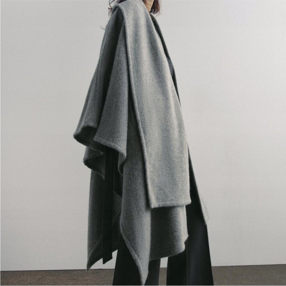 NEW W TAGS Zara Alpaca Wool Blend  Medium Grey Scarf Cape Coat - Picture 4 of 10